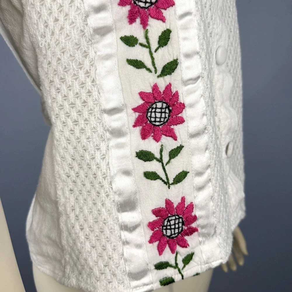 Handmade Embroidered Pink Flowers White Button Up Tank Vest Sleeveless Size‎ M